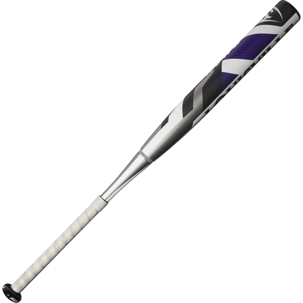 The 2025 Louisville Slugger Xeno (-9) Fastpitch Softball Bat (WBL2997010) features a metallic finish with a white grip-taped handle and a silver, black, and purple barrel design on a plain white background.