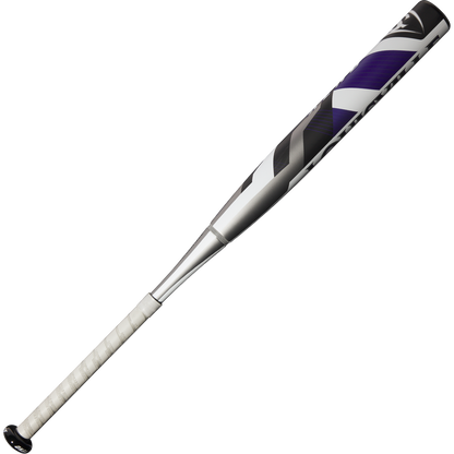 The 2025 Louisville Slugger Xeno (-9) Fastpitch Softball Bat (WBL2997010) features a metallic finish with a white grip-taped handle and a silver, black, and purple barrel design on a plain white background.