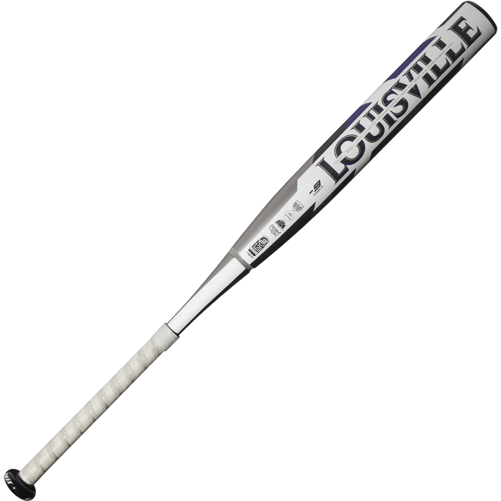 The 2025 Louisville Slugger Xeno (-9) Fastpitch Softball Bat (WBL2997010) features a silver and black composite barrel, white grip, and the prominent LOUISVILLE logo on the barrel.