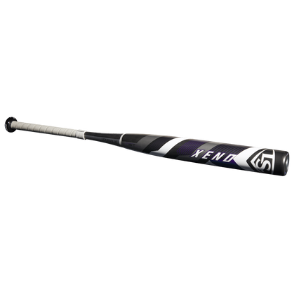 The 2025 Louisville Slugger Xeno (-9) Fastpitch Softball Bat (WBL2997010) features a black and white composite barrel and silver grip, shown on a white background.