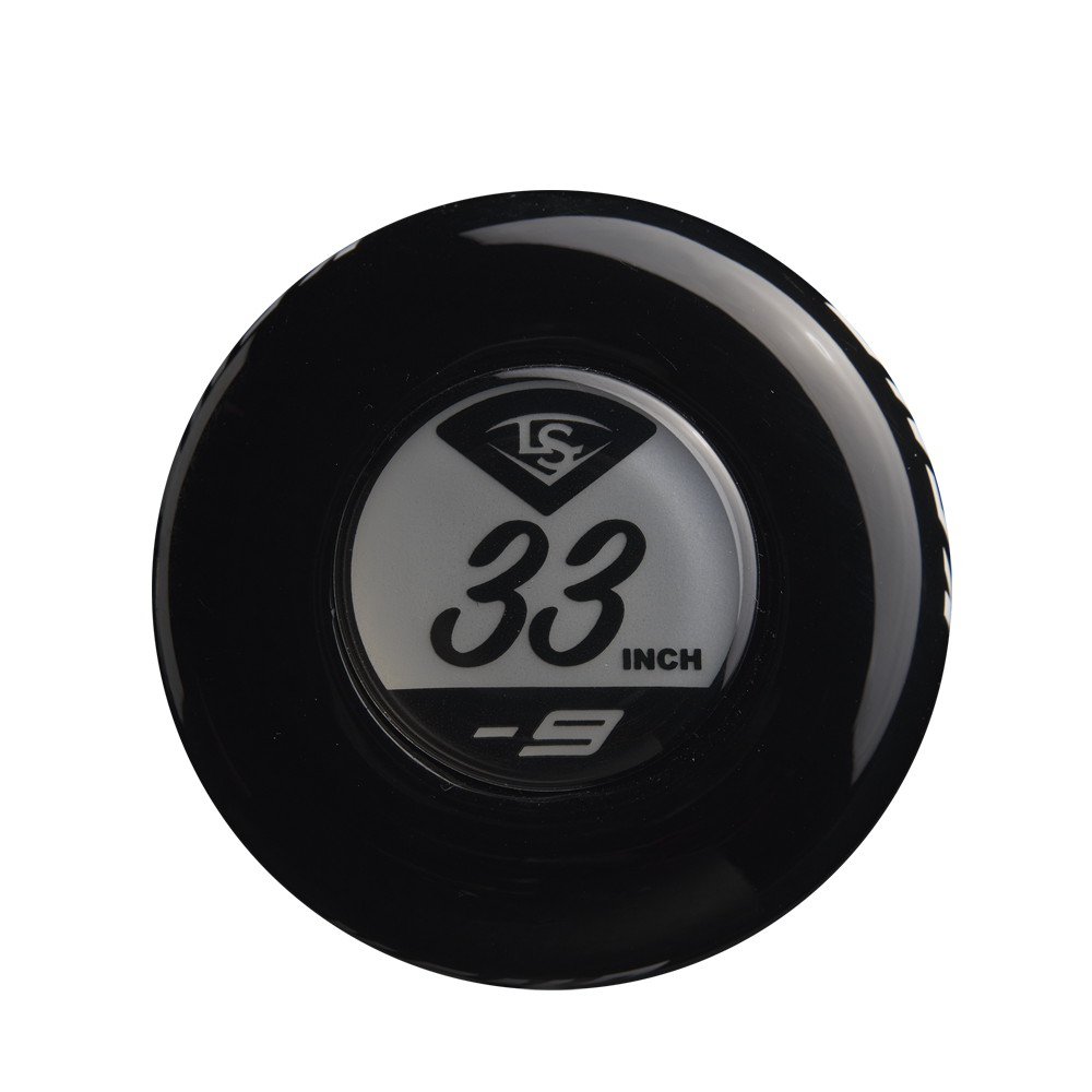 The 2025 Louisville Slugger Xeno (-9) Fastpitch Softball Bat knob features a black and silver design with "33 INCH" and "-9," plus the Louisville Slugger logo—ideal for your next composite barrel bat.