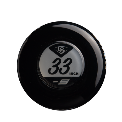 The 2025 Louisville Slugger Xeno (-9) Fastpitch Softball Bat knob features a black and silver design with "33 INCH" and "-9," plus the Louisville Slugger logo—ideal for your next composite barrel bat.