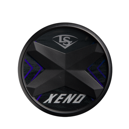 A round black object with a raised X design in the center, “XENO” at the bottom, a stylized LS logo at the top, inspired by the 2025 Louisville Slugger Xeno (-9) Fastpitch Softball Bat (WBL2997010), all on a dark background with purple accents.