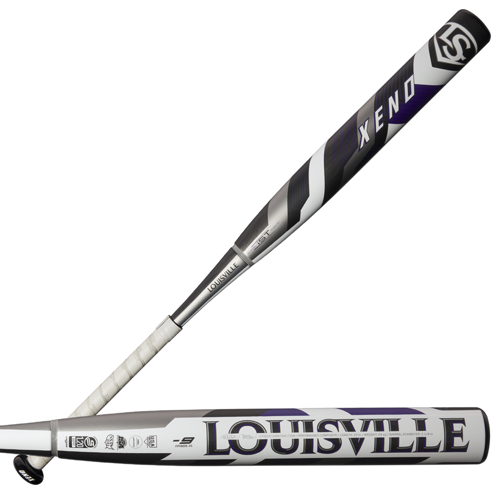 Two views of the 2025 Louisville Slugger Xeno (-9) Fastpitch Softball Bat (WBL2997010), featuring a silver, black, and purple composite barrel with bold Louisville Slugger and Xeno branding.