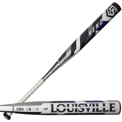 Two views of the 2025 Louisville Slugger Xeno (-9) Fastpitch Softball Bat (WBL2997010), featuring a silver, black, and purple composite barrel with bold Louisville Slugger and Xeno branding.