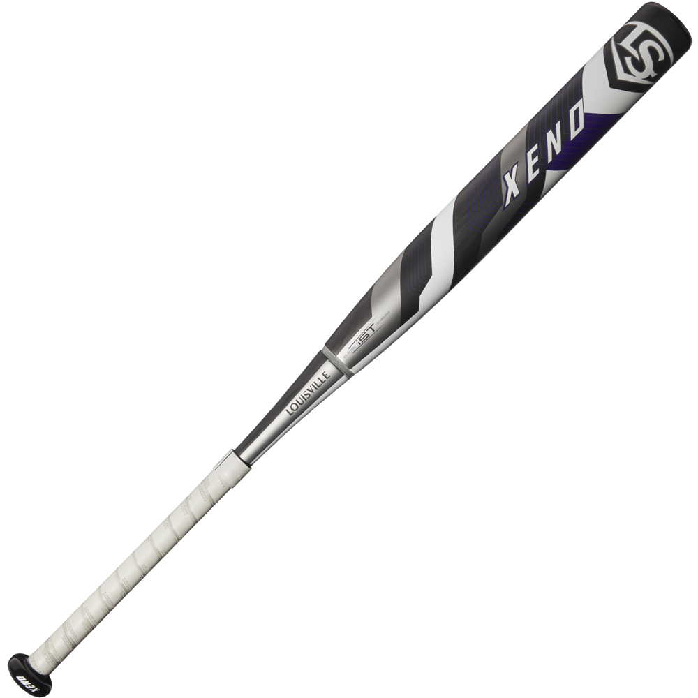 The 2025 Louisville Slugger Xeno (-8) Fastpitch Softball Bat (WBL2998010) showcases a silver, black, and white design with a composite barrel, white grip, and bold XENO lettering.