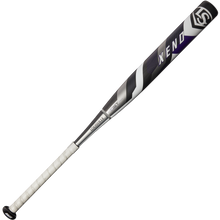 The 2025 Louisville Slugger Xeno (-8) Fastpitch Softball Bat (WBL2998010) showcases a silver, black, and white design with a composite barrel, white grip, and bold XENO lettering.