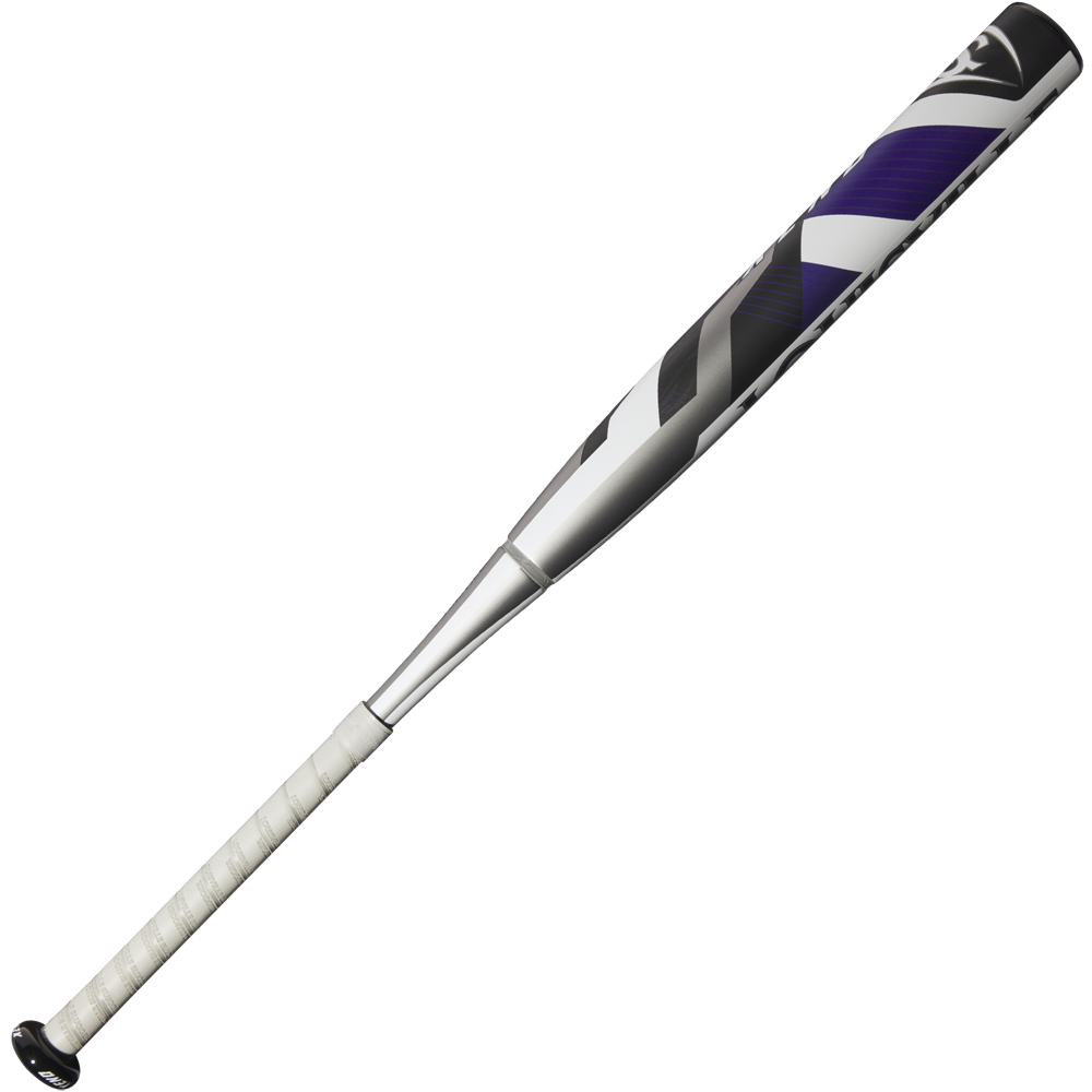 The 2025 Louisville Slugger Xeno (-8) Fastpitch Softball Bat (WBL2998010) features a white handle, black end cap, and a silver barrel with black, gray, and purple geometric designs.