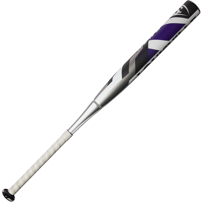 The 2025 Louisville Slugger Xeno (-8) Fastpitch Softball Bat (WBL2998010) features a white handle, black end cap, and a silver barrel with black, gray, and purple geometric designs.