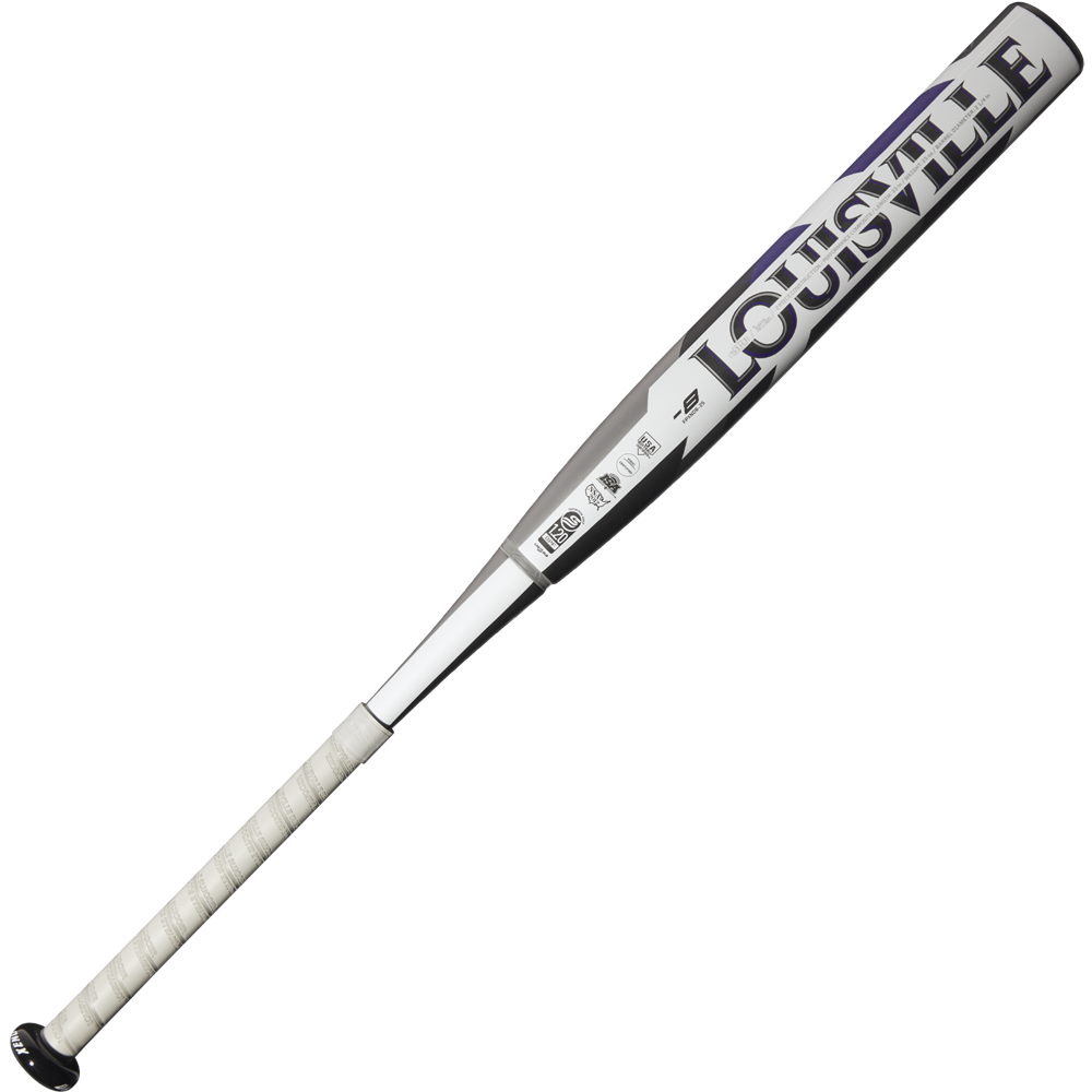 The 2025 Louisville Slugger Xeno (-8) Fastpitch Softball Bat (WBL2998010), silver and black with a white grip and composite barrel, is displayed diagonally on a plain white background.