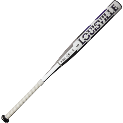 The 2025 Louisville Slugger Xeno (-8) Fastpitch Softball Bat (WBL2998010), silver and black with a white grip and composite barrel, is displayed diagonally on a plain white background.
