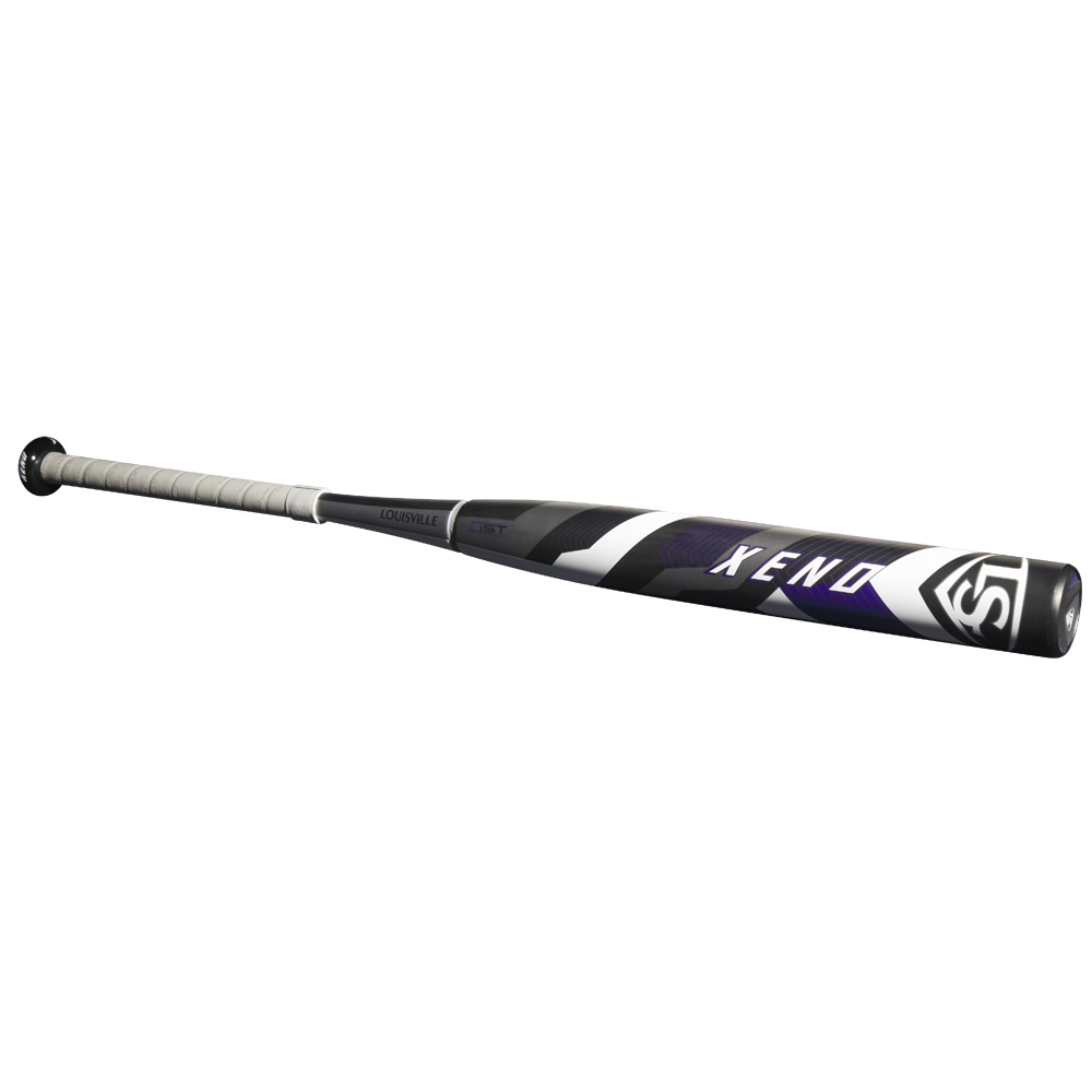 The 2025 Louisville Slugger Xeno (-8) Fastpitch Softball Bat (WBL2998010) features a black, white, and purple design with a composite barrel and white grip, displayed on a plain white background.