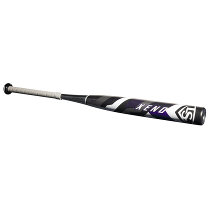 The 2025 Louisville Slugger Xeno (-8) Fastpitch Softball Bat (WBL2998010) features a black, white, and purple design with a composite barrel and white grip, displayed on a plain white background.