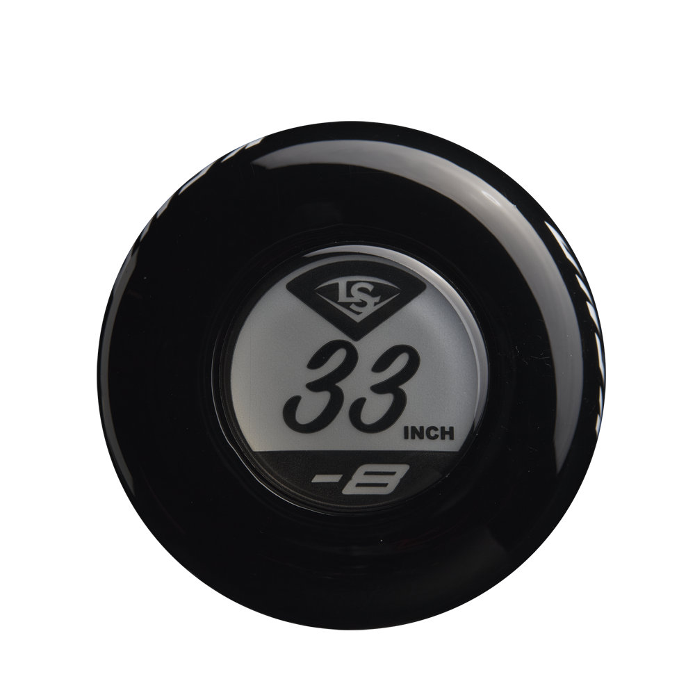 A close-up of the 2025 Louisville Slugger Xeno (-8) Fastpitch Softball Bat: WBL2998010 knob highlights its 33-inch length and -8 drop, with the Louisville Slugger logo above. This model features a composite barrel construction.