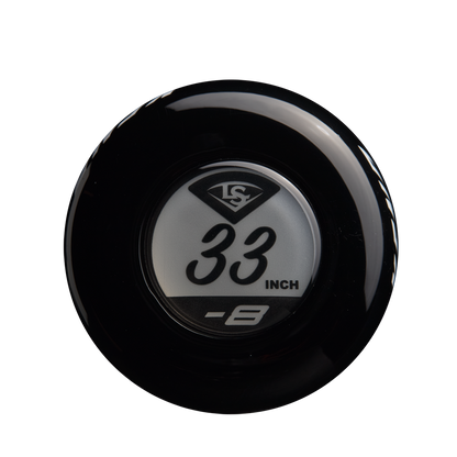 A close-up of the 2025 Louisville Slugger Xeno (-8) Fastpitch Softball Bat: WBL2998010 knob highlights its 33-inch length and -8 drop, with the Louisville Slugger logo above. This model features a composite barrel construction.