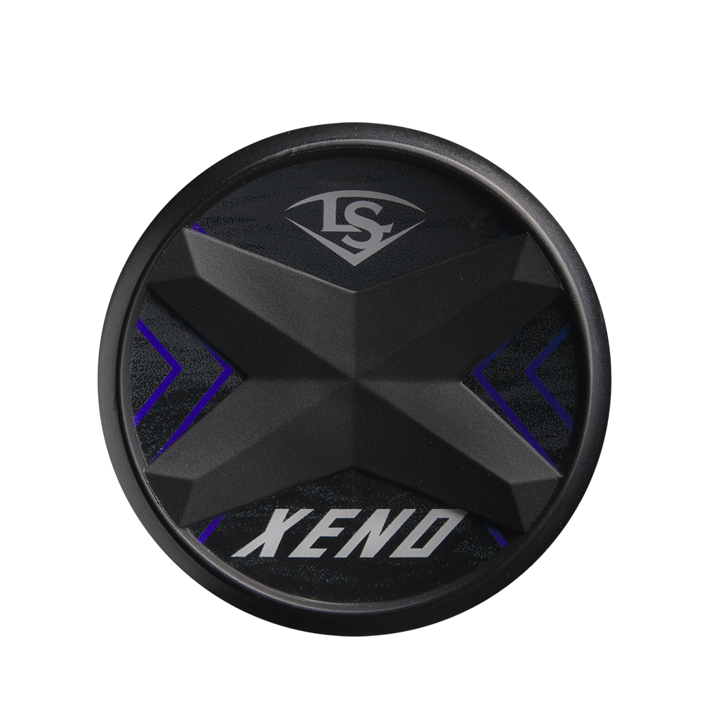 A black circular object with an x-shaped design, evoking the bold graphics on the 2025 Louisville Slugger Xeno (-8) Fastpitch Softball Bat (WBL2998010) by Louisville Slugger.