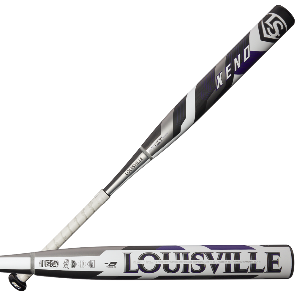 The 2025 Louisville Slugger Xeno (-8) Fastpitch Softball Bat (WBL2998010) features a black, white, and purple design with "LOUISVILLE" in large letters on the composite barrel and "XENO" near the end.