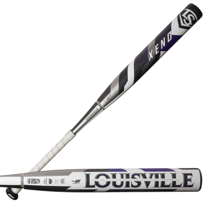 The 2025 Louisville Slugger Xeno (-8) Fastpitch Softball Bat (WBL2998010) features a black, white, and purple design with "LOUISVILLE" in large letters on the composite barrel and "XENO" near the end.