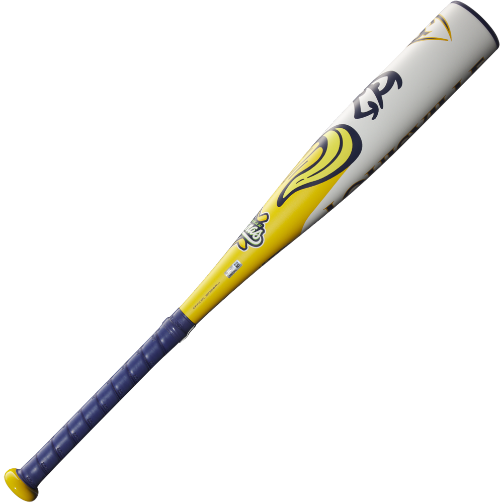 The 2025 Louisville Slugger Savannah Bananas JBB (-10) USSSA Baseball Bat features yellow, blue, and white colors with modern graphics and a blue grip, crafted from superlight alloy and shown on a plain white background.