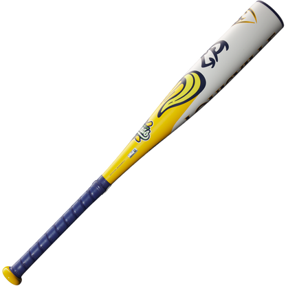 The 2025 Louisville Slugger Savannah Bananas JBB (-10) USSSA Baseball Bat features yellow, blue, and white colors with modern graphics and a blue grip, crafted from superlight alloy and shown on a plain white background.