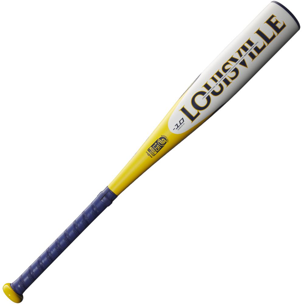 The 2025 Louisville Slugger Savannah Bananas JBB (-10) bat features a dark blue handle, yellow midsection, and white barrel with bold yellow LOUISVILLE lettering—crafted from Superlight Alloy for top performance.