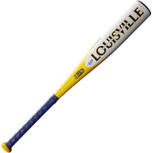 The 2025 Louisville Slugger Savannah Bananas JBB (-10) bat features a dark blue handle, yellow midsection, and white barrel with bold yellow LOUISVILLE lettering—crafted from Superlight Alloy for top performance.