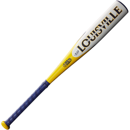 The 2025 Louisville Slugger Savannah Bananas JBB (-10) bat features a dark blue handle, yellow midsection, and white barrel with bold yellow LOUISVILLE lettering—crafted from Superlight Alloy for top performance.