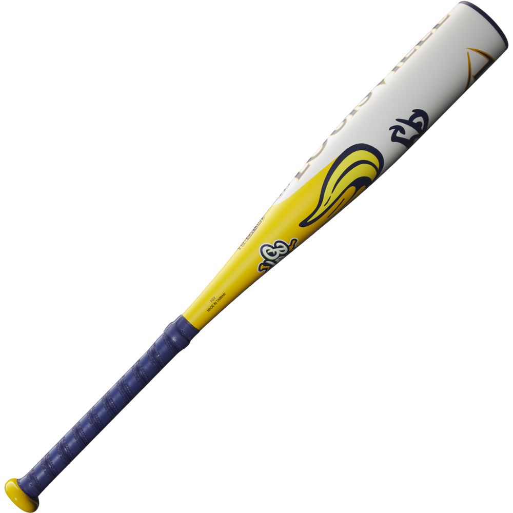 The 2025 Louisville Slugger Savannah Bananas JBB (-10) USSSA Baseball Bat features yellow and white colors, a navy blue grip, playful graphics, and a cartoon bee near the barrel.