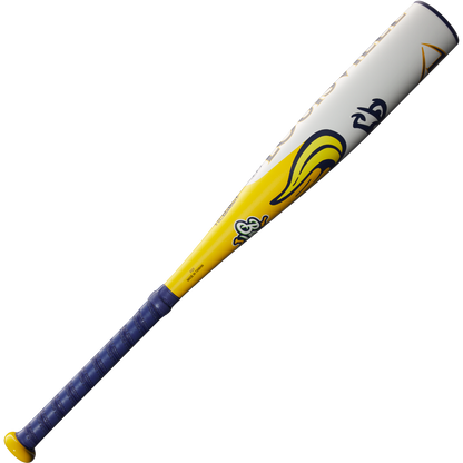 The 2025 Louisville Slugger Savannah Bananas JBB (-10) USSSA Baseball Bat features yellow and white colors, a navy blue grip, playful graphics, and a cartoon bee near the barrel.
