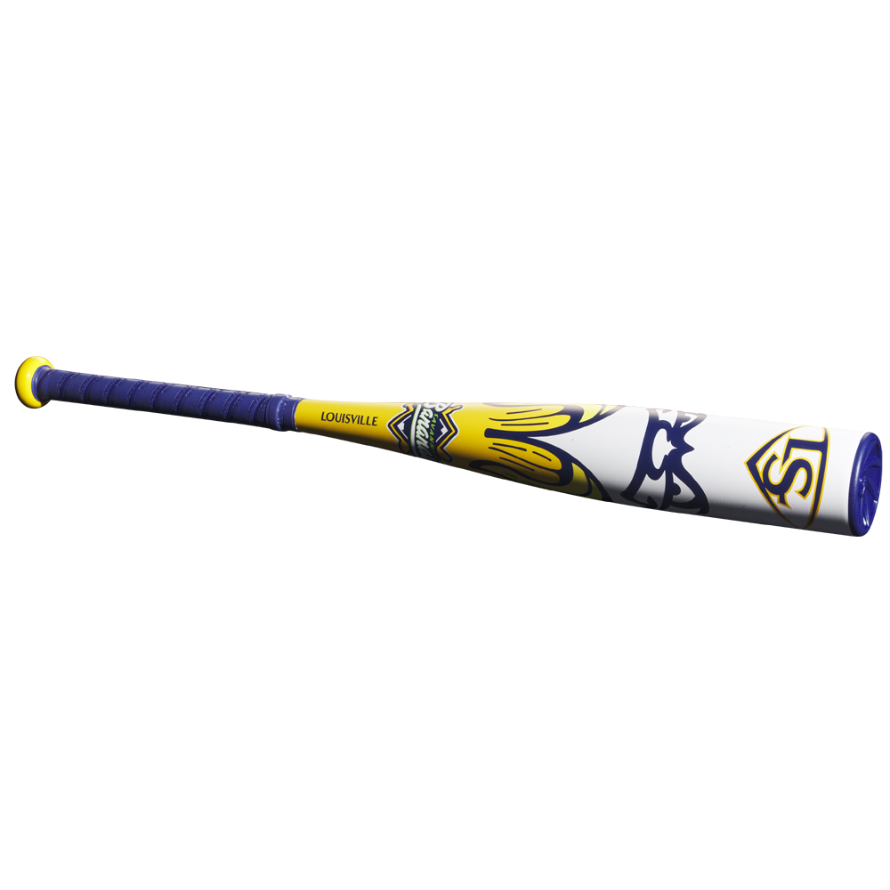 The 2025 Louisville Slugger Savannah Bananas JBB (-10) USSSA Baseball Bat (WBL4006010) features a yellow and blue design and is crafted with superlight alloy for superior swing speed.