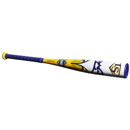 The 2025 Louisville Slugger Savannah Bananas JBB (-10) USSSA Baseball Bat (WBL4006010) features a yellow and blue design and is crafted with superlight alloy for superior swing speed.
