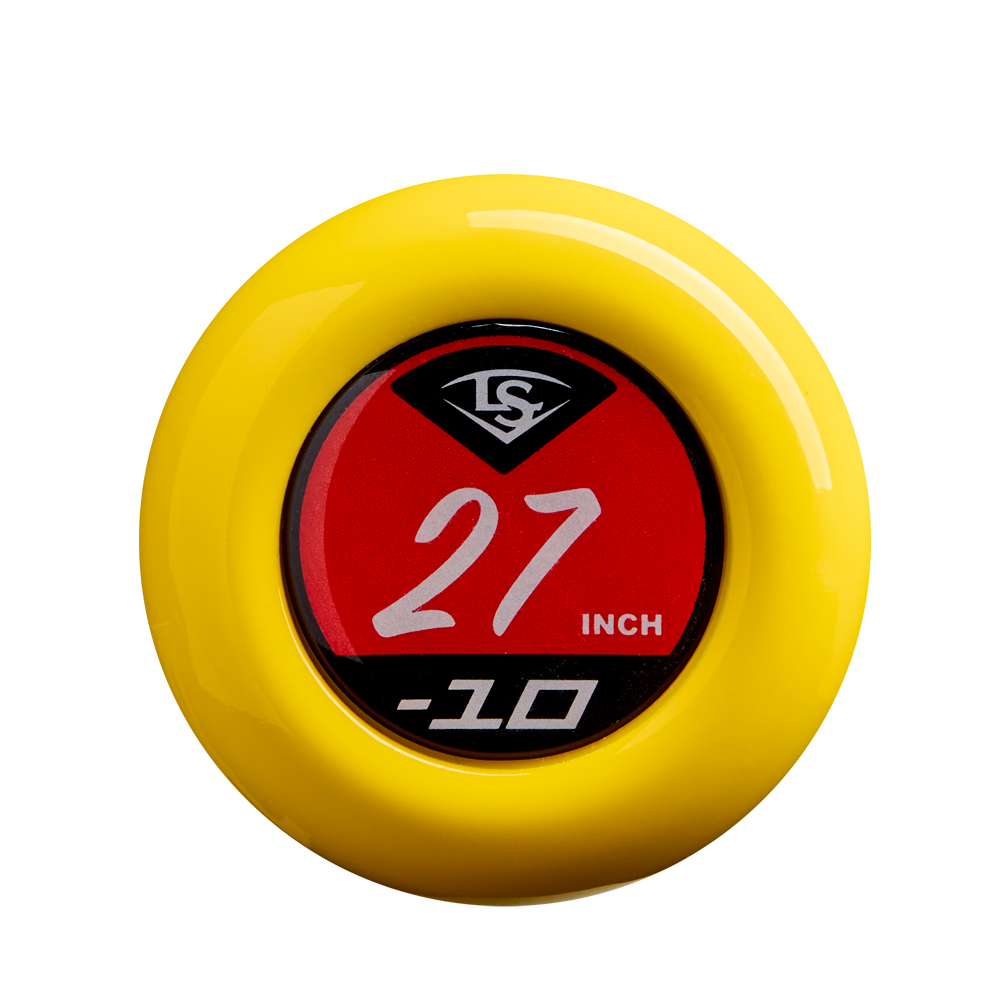 A yellow circular weight donut with a red center, displaying 27 INCH and -10 in white, plus a black-and-white logo—perfect for your Louisville Slugger Savannah Bananas JBB (-10) USSSA Baseball Bat or other USSSA bats.