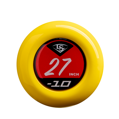 A yellow circular weight donut with a red center, displaying 27 INCH and -10 in white, plus a black-and-white logo—perfect for your Louisville Slugger Savannah Bananas JBB (-10) USSSA Baseball Bat or other USSSA bats.