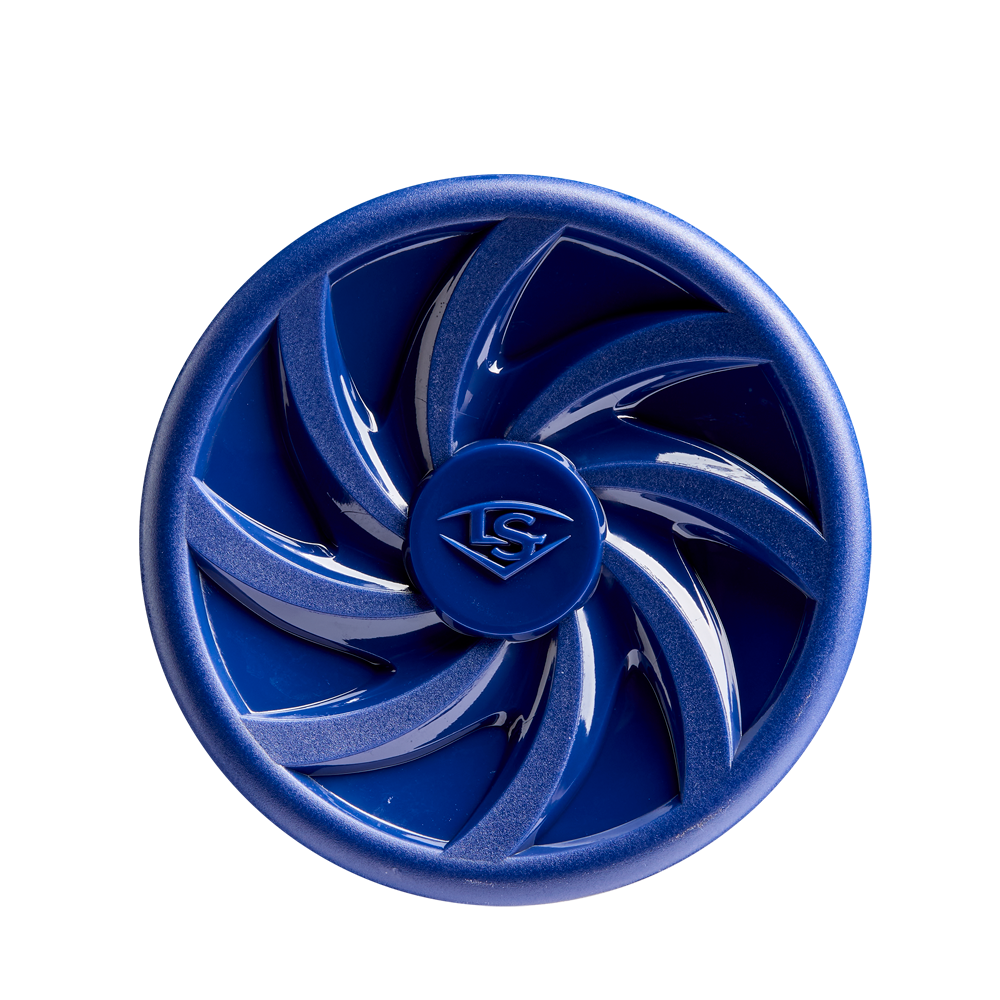 A blue, circular object with six curved blades and a raised LS logo, inspired by the Superlight Alloy in the 2025 Louisville Slugger Savannah Bananas JBB (-10) 2 3/4" USSSA Baseball Bat: WBL4006010, set on a white background.