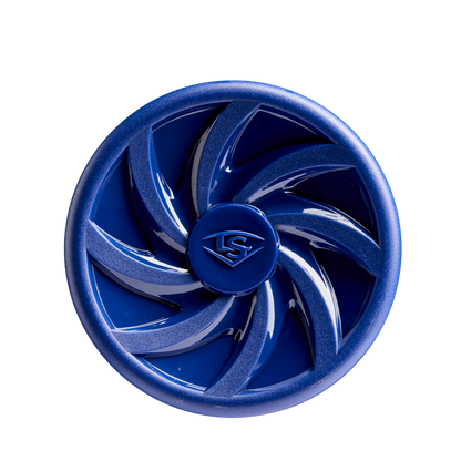 A blue, circular object with six curved blades and a raised LS logo, inspired by the Superlight Alloy in the 2025 Louisville Slugger Savannah Bananas JBB (-10) 2 3/4" USSSA Baseball Bat: WBL4006010, set on a white background.