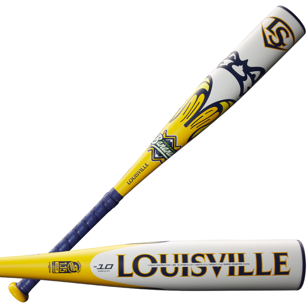 Two yellow, blue, and white 2025 Louisville Slugger Savannah Bananas JBB (-10) USSSA Baseball Bats are shown. One displays the Louisville logo; the other features a stylized wolf and Rail Splitters Badin. Both have blue handles and superlight alloy construction.
