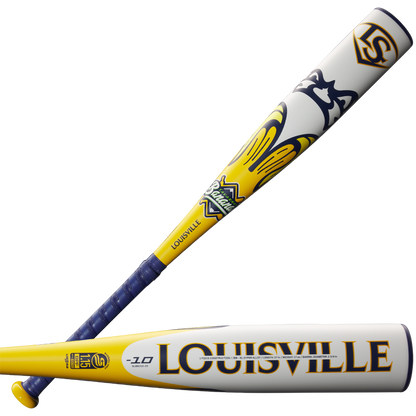 Two yellow, blue, and white 2025 Louisville Slugger Savannah Bananas JBB (-10) USSSA Baseball Bats are shown. One displays the Louisville logo; the other features a stylized wolf and Rail Splitters Badin. Both have blue handles and superlight alloy construction.