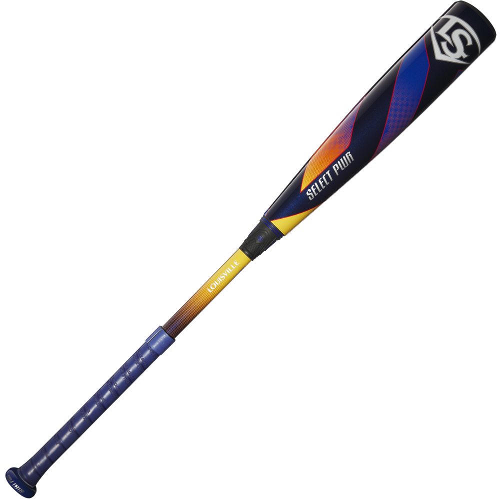 The 2025 Louisville Slugger Select PWR (-10) 2 5/8" USA Baseball Bat (WBL4008010) features a blue handle, yellow accent, black alloy barrel with red, orange, and blue designs plus the LS logo—a balanced youth bat for top performance.