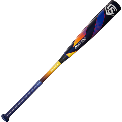 The 2025 Louisville Slugger Select PWR (-10) 2 5/8" USA Baseball Bat (WBL4008010) features a blue handle, yellow accent, black alloy barrel with red, orange, and blue designs plus the LS logo—a balanced youth bat for top performance.