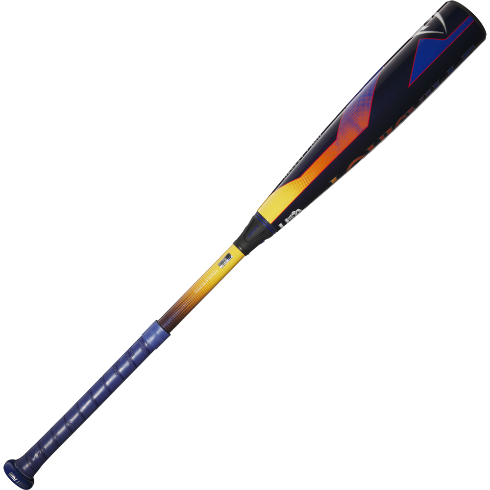 The 2025 Louisville Slugger Select PWR (-10) USA Baseball Bat features a balanced design, blue-to-yellow grip, and a dark blue alloy barrel with orange and red accents.