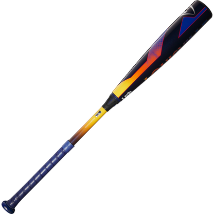 The 2025 Louisville Slugger Select PWR (-10) USA Baseball Bat features a balanced design, blue-to-yellow grip, and a dark blue alloy barrel with orange and red accents.