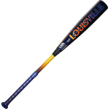 The 2025 Louisville Slugger Select PWR (-10) USA Baseball Bat (WBL4008010) is balanced with a blue grip, yellow-to-orange gradient handle, and a black alloy barrel displaying the colorful Louisville Slugger brand name.
