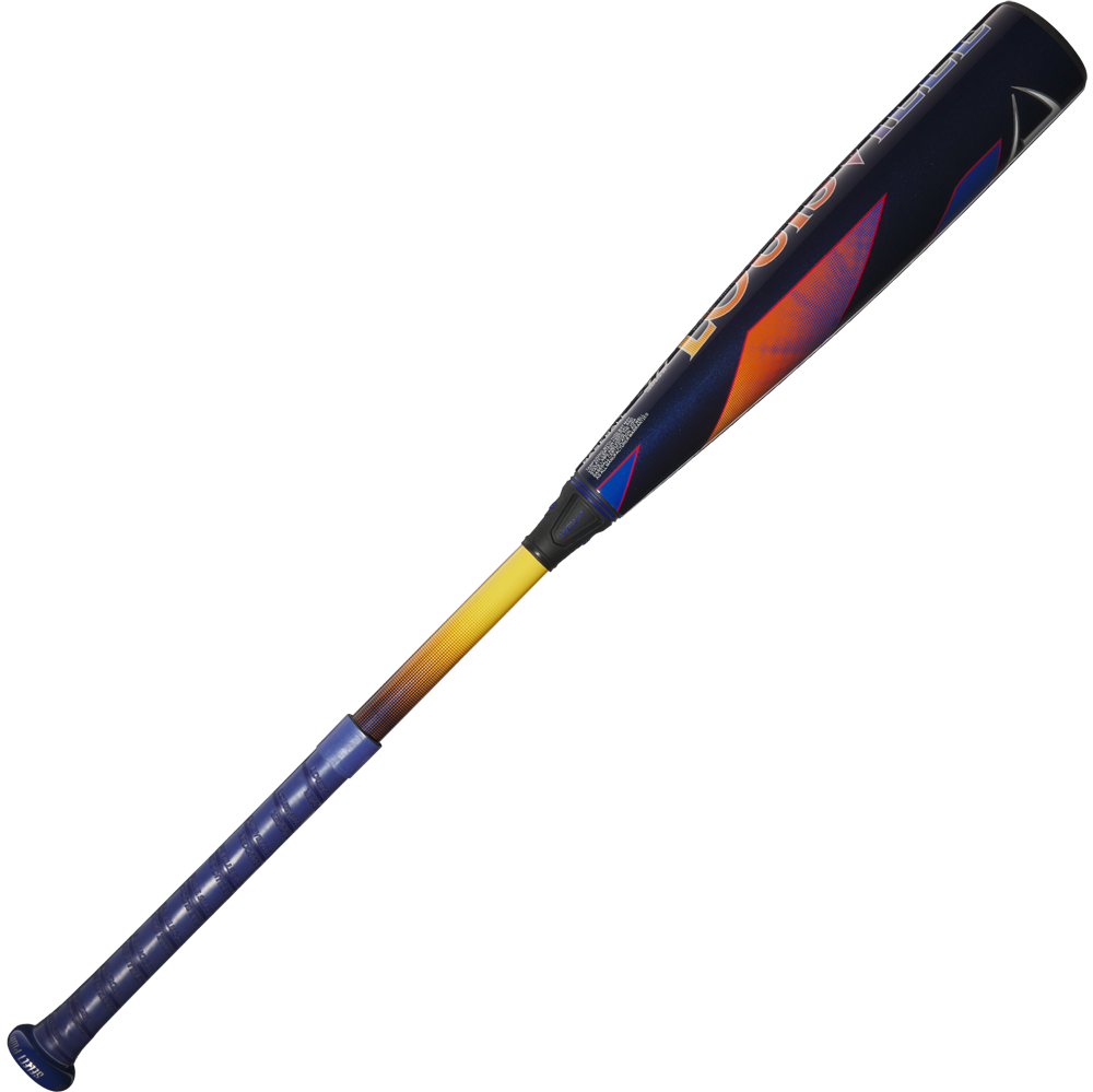 The 2025 Louisville Slugger Select PWR (-10) USA Baseball Bat by Louisville Slugger features a balanced design with a blue handle fading to yellow and a dark blue alloy barrel accented in vibrant orange and purple—ideal for aspiring sluggers.