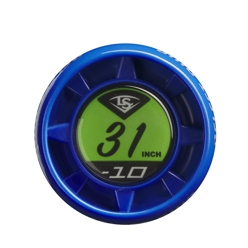 A close-up of the 2025 Louisville Slugger Select PWR (-10) 2 5/8" USA Baseball Bat shows a blue circular end cap with a green center, displaying “31 INCH” and “-10,” with the Louisville Slugger logo at the top.