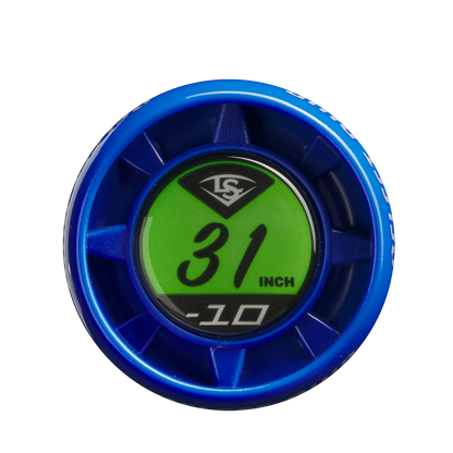 A close-up of the 2025 Louisville Slugger Select PWR (-10) 2 5/8" USA Baseball Bat shows a blue circular end cap with a green center, displaying “31 INCH” and “-10,” with the Louisville Slugger logo at the top.