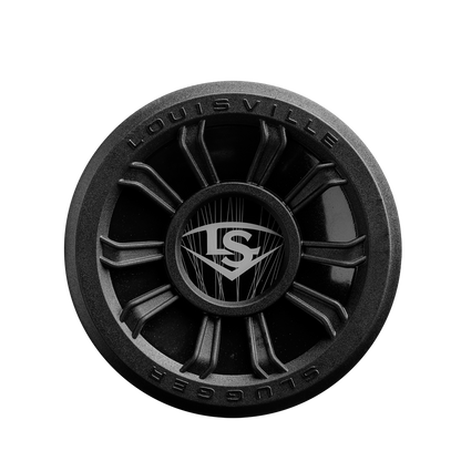 Black round weighted training puck featuring Louisville Slugger text around the edge and LS logo in the center, designed to match your 2025 Louisville Slugger Select PWR (-10) USA Baseball Bat—shown on a white background.