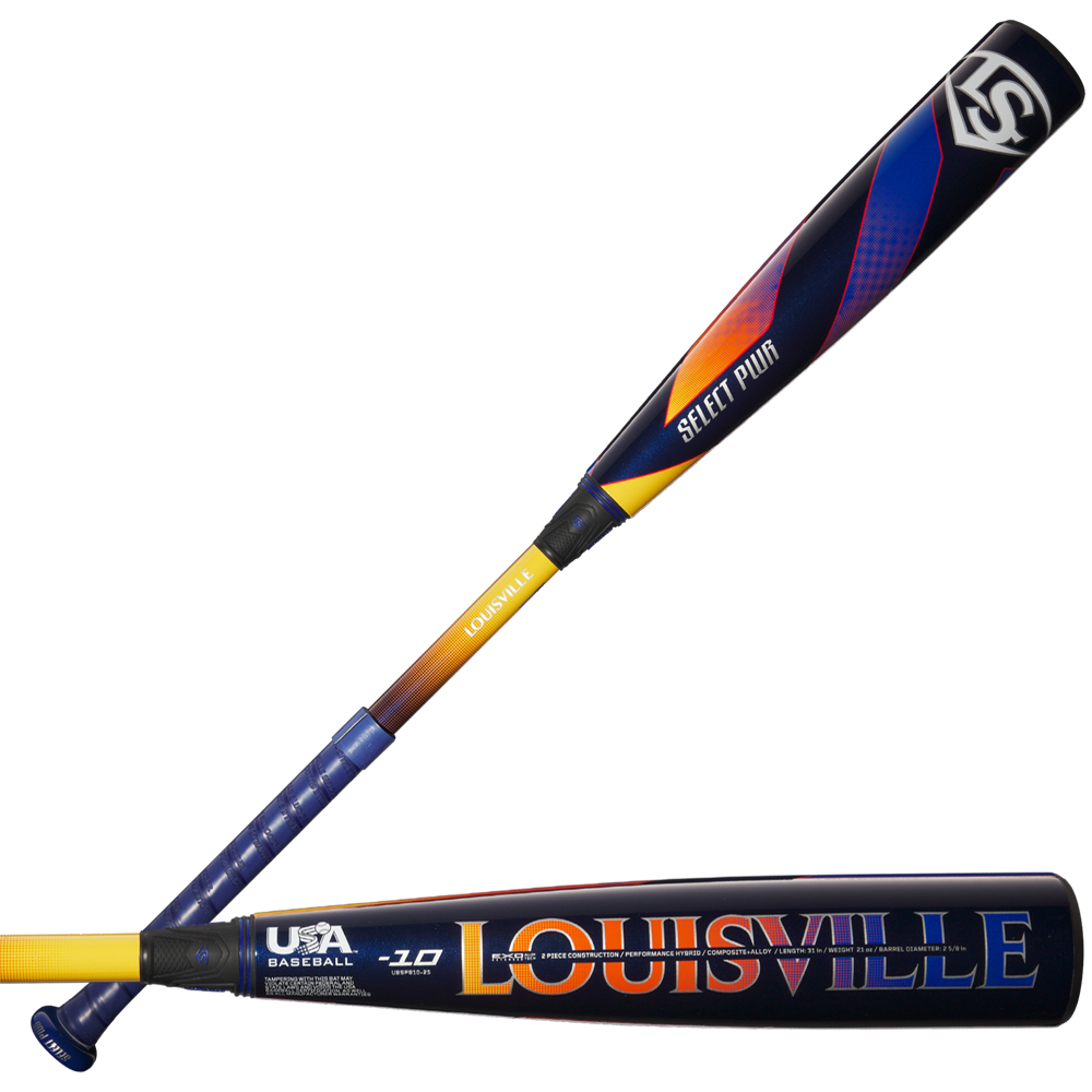 Two views of the 2025 Louisville Slugger Select PWR (-10) USA Baseball Bat feature a black, yellow, and orange gradient, bold LOUISVILLE lettering, USA Baseball logo, and an alloy barrel for power and balance.