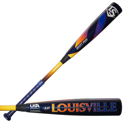Two views of the 2025 Louisville Slugger Select PWR (-10) USA Baseball Bat feature a black, yellow, and orange gradient, bold LOUISVILLE lettering, USA Baseball logo, and an alloy barrel for power and balance.