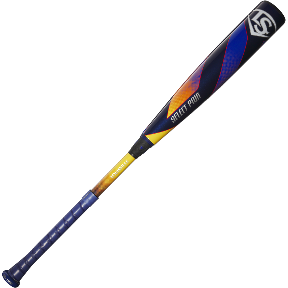 The 2025 Louisville Slugger Select PWR (-5) 2 5/8" USA Baseball Bat (WBL4010010) features a blue handle, yellow transition, black barrel with orange and purple geometric designs, and visible Select PWR and Louisville branding.