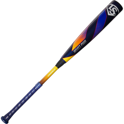 The 2025 Louisville Slugger Select PWR (-5) 2 5/8" USA Baseball Bat (WBL4010010) features a blue handle, yellow transition, black barrel with orange and purple geometric designs, and visible Select PWR and Louisville branding.